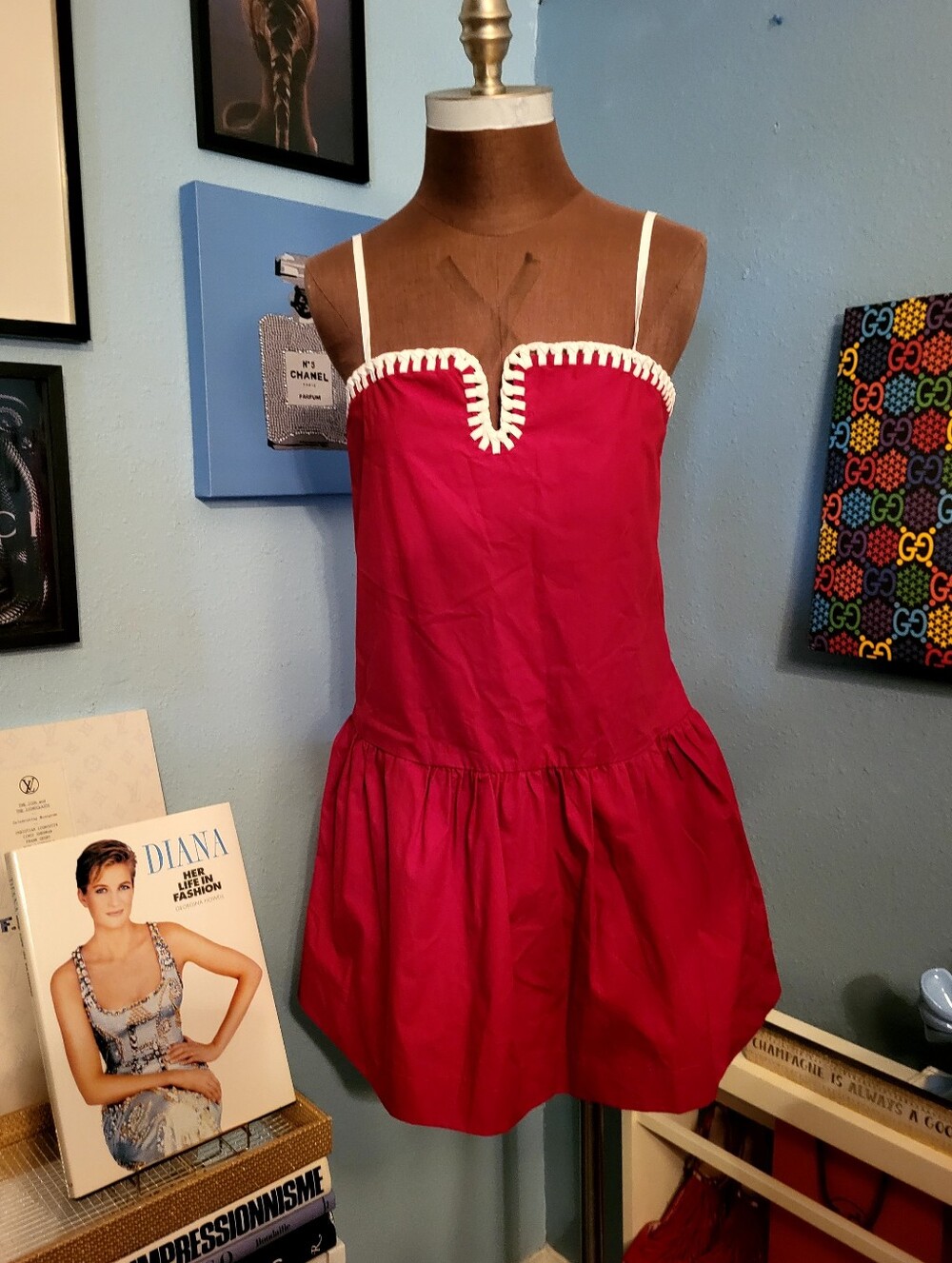 Day+Moon Simone Contrast Stitch Drop Waist Dress in Crimson - Picture 2 of 11